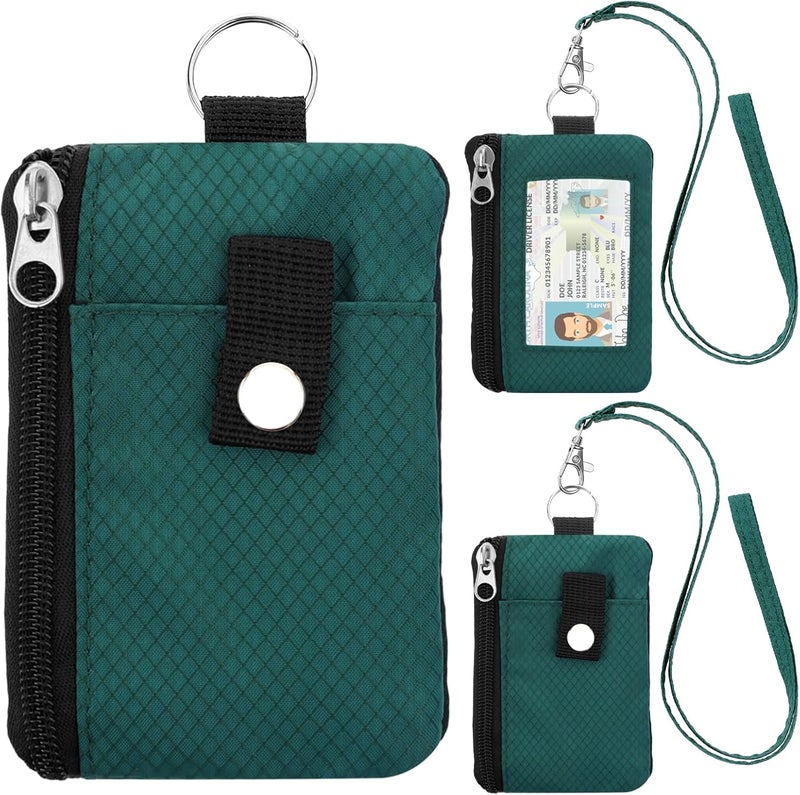 ZHOMA Minimalist Small Wallet for Men Women with 2 Zip Pockets, Multi Functional ID Case with Keychain and Card Holder, Coin Purse Badge Lanyard Pouch for Boys Girls Travel -DarkGreen - Image 1
